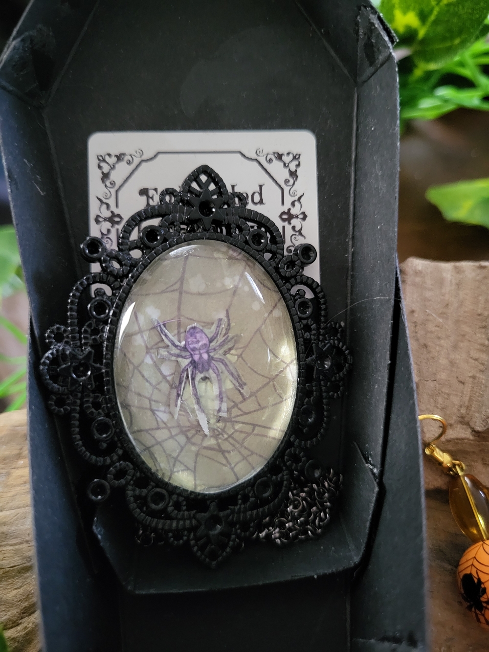 Black Filigree Spider Cameo Pendant with Purple Accent